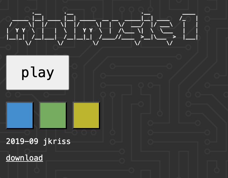 A screenshot of the mmx1.monorail.tech web page, with ascii art, a play button, and three colored buttons at the bottom