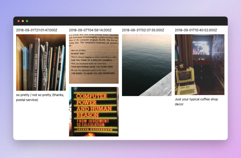 Photos with timestamps, some with captions, in a bare bones layout on a web page