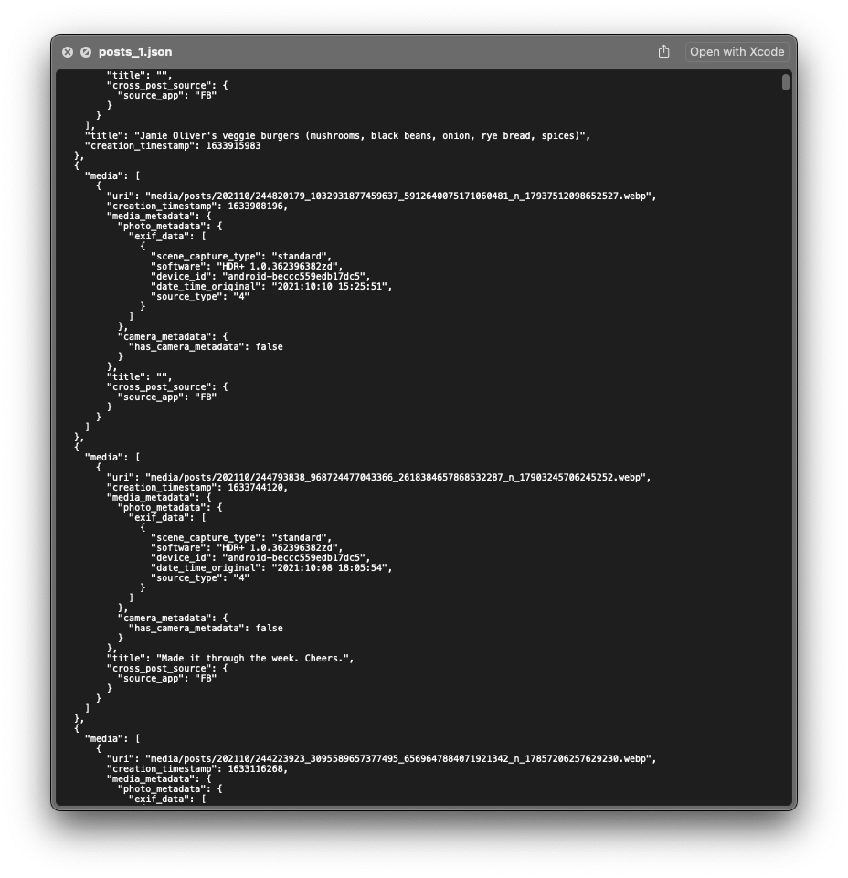 A screenshot of a JSON file with metadata about the Instagram posts and media