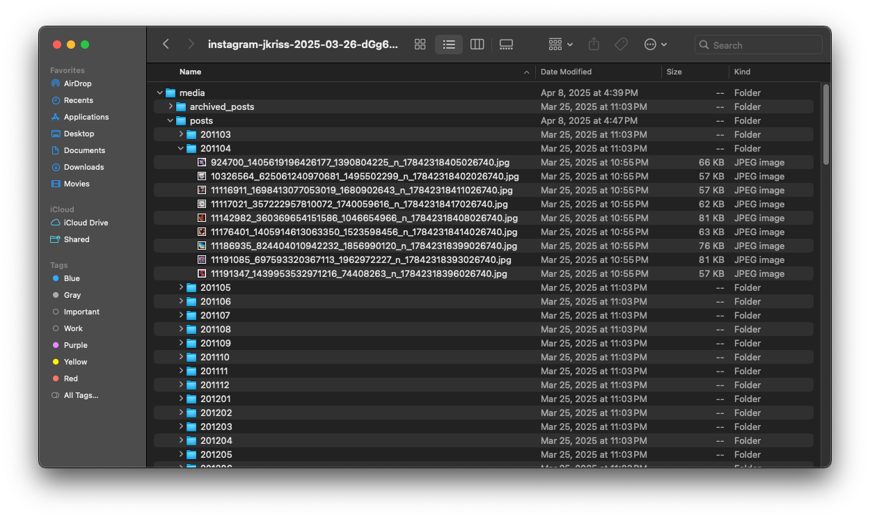 A screenshot from macOS Finder showing the folder structure of an Instagram data export