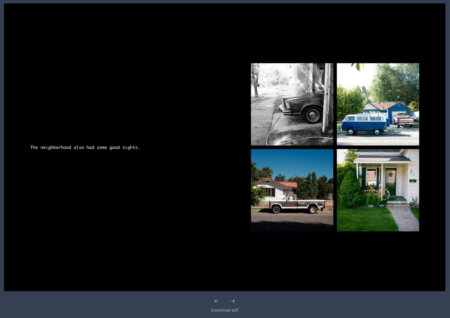 A screenshot of a web interface showing a two-page spread of a digital magazine. The left page as a caption reading "The neighborhood also had some good sights," and the right page has a grid of four photos: three of cars parked at houses, and one of a yellow bike on a porch.